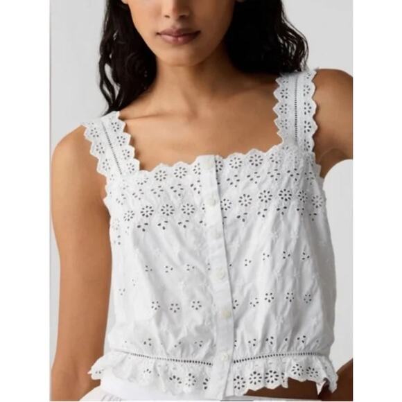 GAP x DOEN Eyelet Lace Square Neck Button Cropped Camisole Tank Top White Sz M - Picture 1 of 7